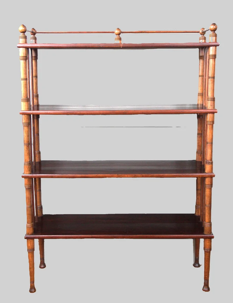 Étagère faux bamboo - Meubel › Bijzetmeubels - €350.00 - Open rek met vier legplanken. Hout in vorm van bamboe gedraait.
91 x 31cm; 129cm hoog.
Vintage