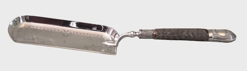Tafelschuimer - Zilver › Serviesgoed - Verzilverde tafelschuimer met benen greep.
Niëllotechniek op de schep.
Lengte 37cm
Gemerkt: Harrison Brothers & Howson, London
1930-1940